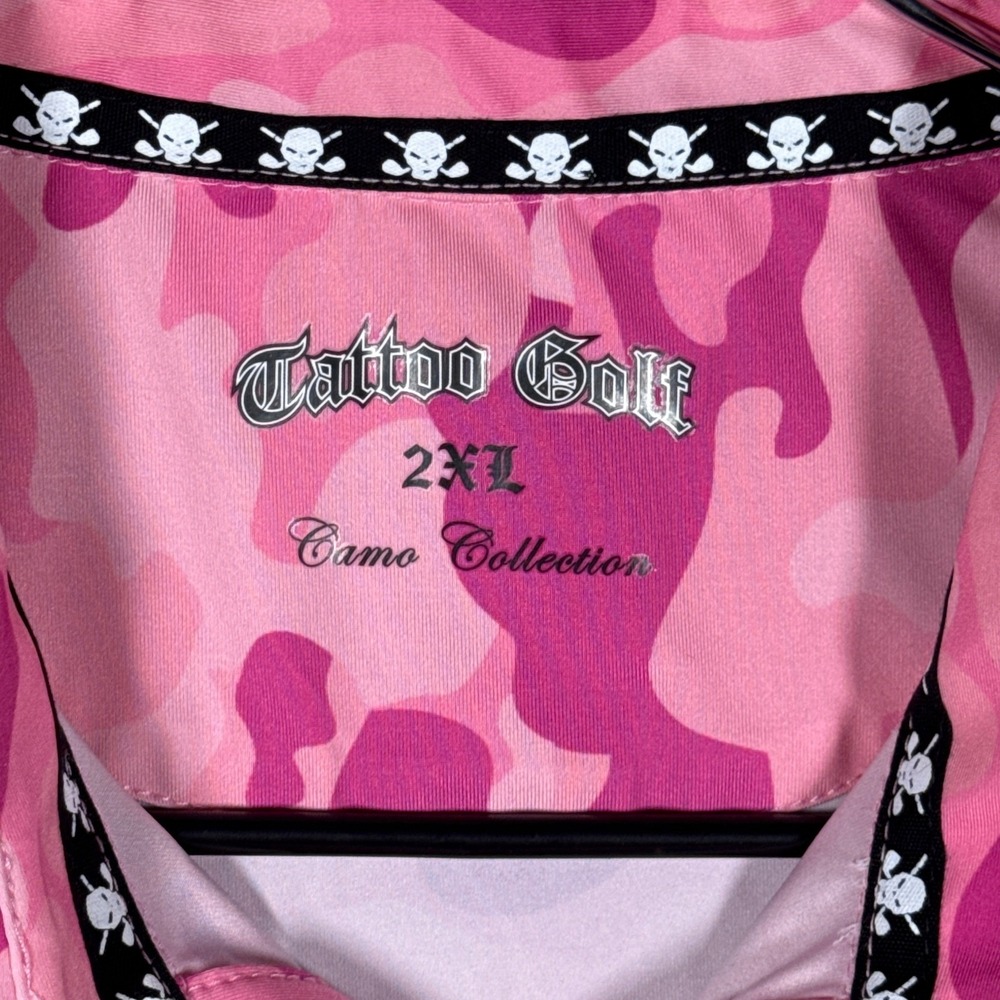 Tattoo Golf Polo Shirt Mens 2XL Pink Camo Skull Crossbones Performance Stretch - Picture 3 of 9